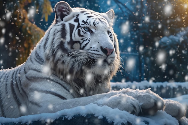 Um tigre branco senta-se na neve da floresta.