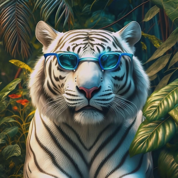 Foto um tigre branco usando óculos de sol na selva