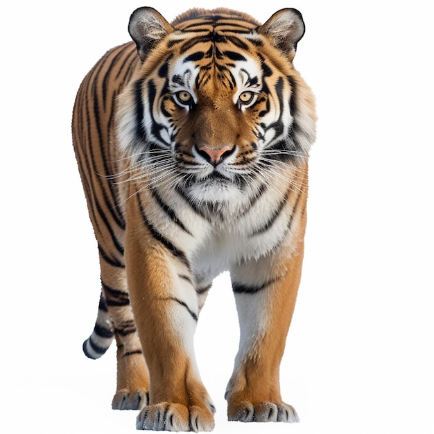 Um tigre caminhando em direção à câmera com um fundo branco.