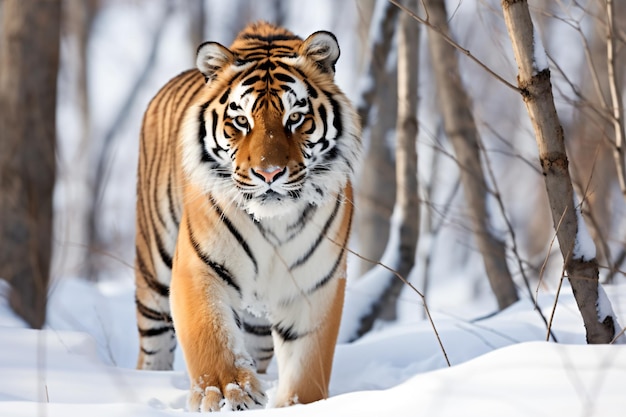 um tigre caminhando por uma floresta nevada