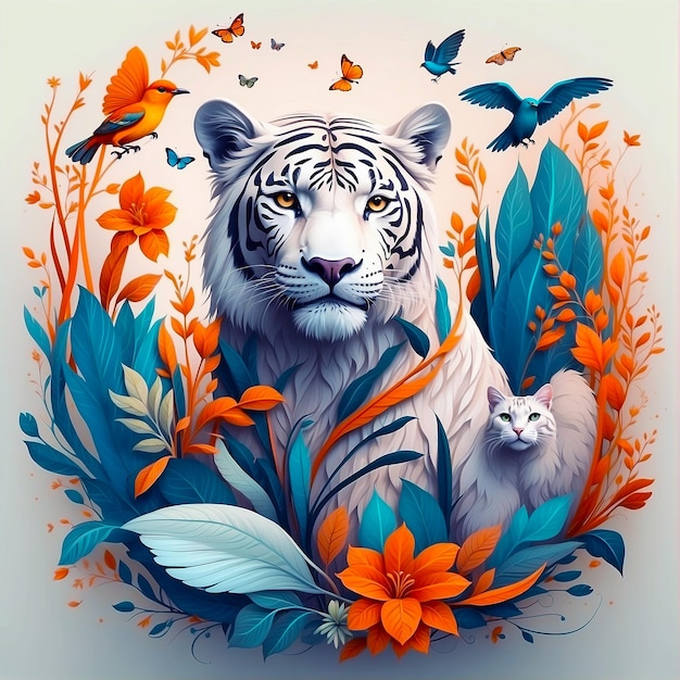 Um tigre cercado de flores, pássaros e borboletas com o seu bebé.