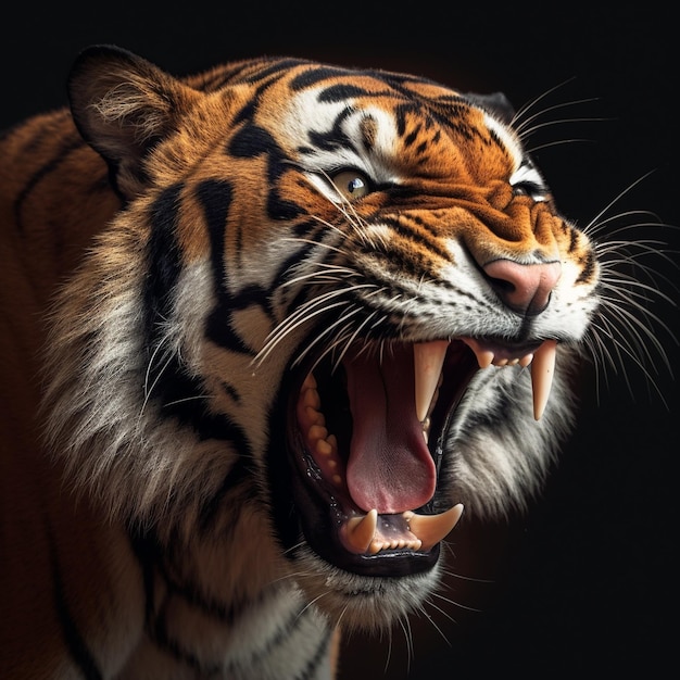 Um tigre com a boca aberta a mostrar os dentes.