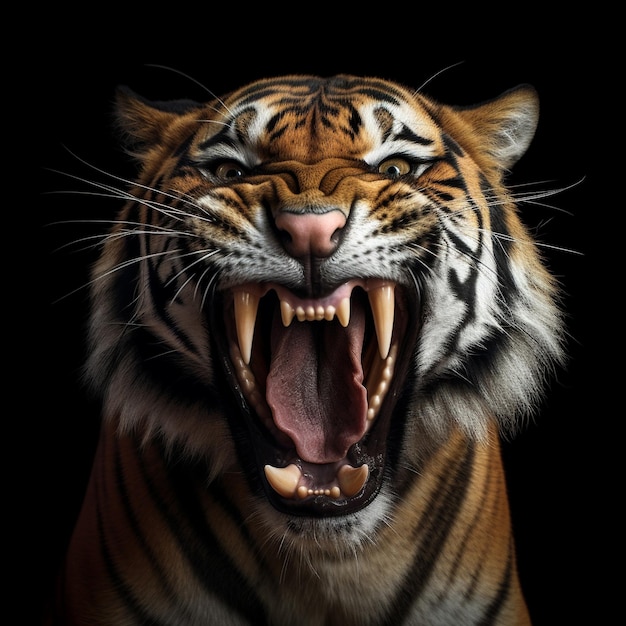 Foto um tigre com a boca aberta a mostrar os dentes.