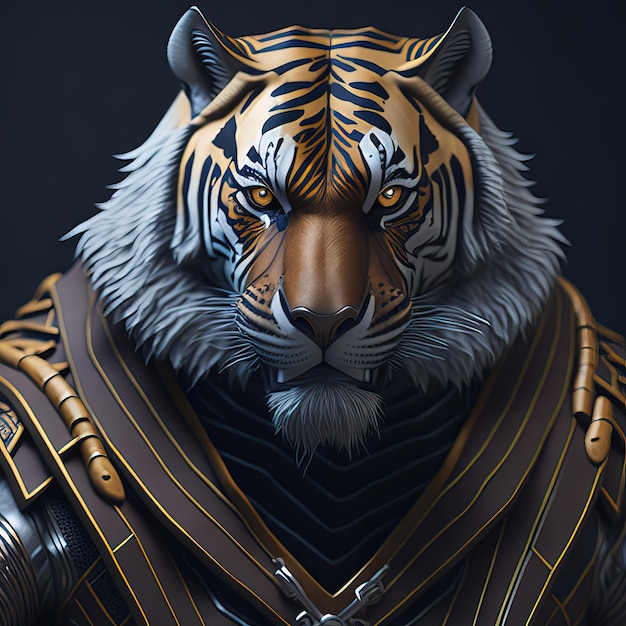 Um tigre com fundo preto e listras douradas no rosto