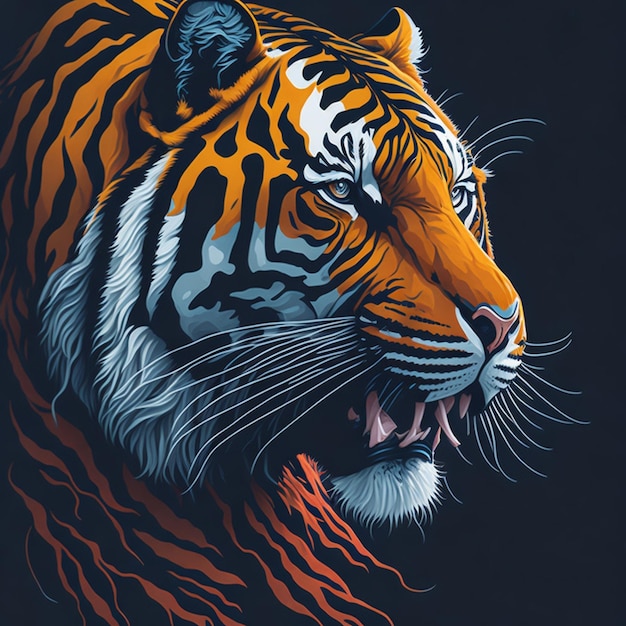 Um tigre com um fundo preto e um fundo azul.