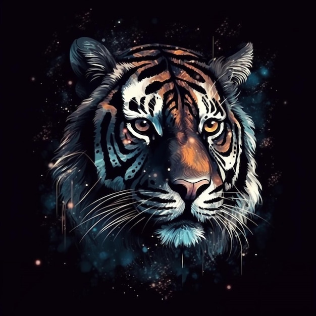 Um tigre com um fundo preto e um fundo azul.