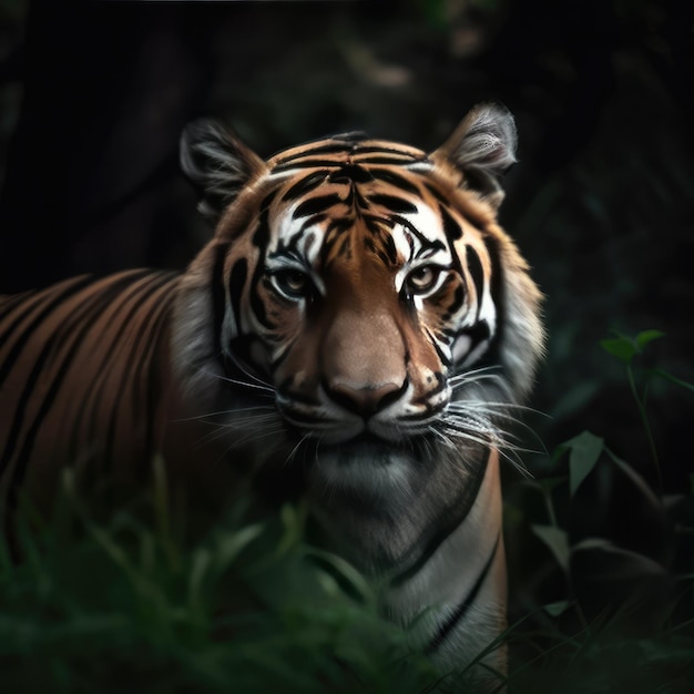 Um tigre com um fundo preto e um fundo preto.