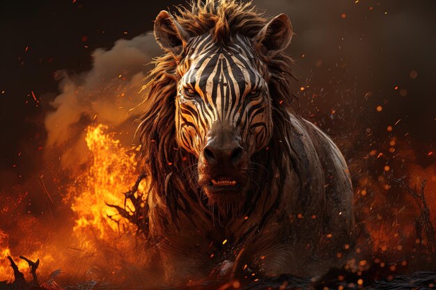 Foto um tigre com um tigre no rosto está em chamas