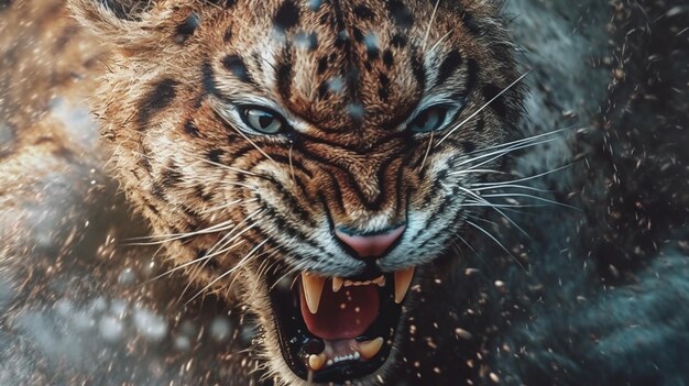 Um tigre com uma boca grande e uma boca grande está mostrando os dentes.