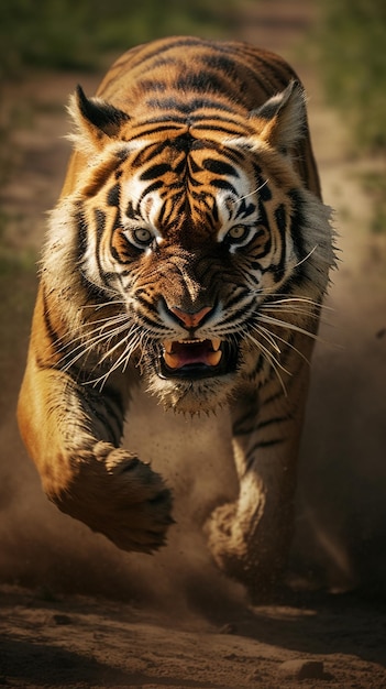 Foto um tigre com uma boca grande está a mostrar os dentes.