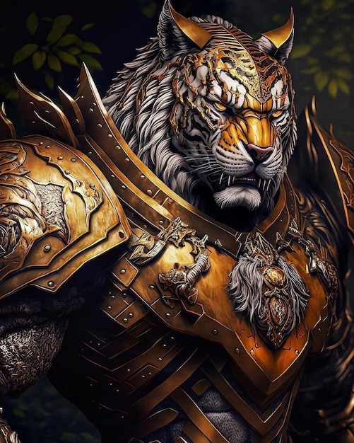 Um tigre com uma coleira de ouro e uma corrente de ouro no peito.