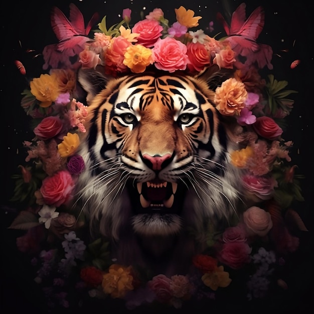 Um tigre com uma coroa de flores