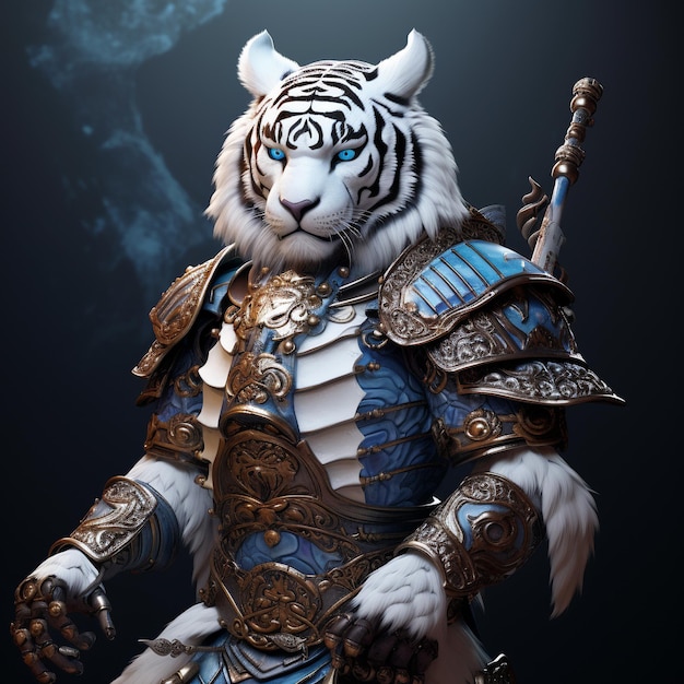 Um tigre com uma espada e uma armadura azul e dourada com fumaça ao fundo
