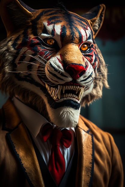 Um tigre com uma gravata borboleta vermelha fica na frente de um fundo escuro