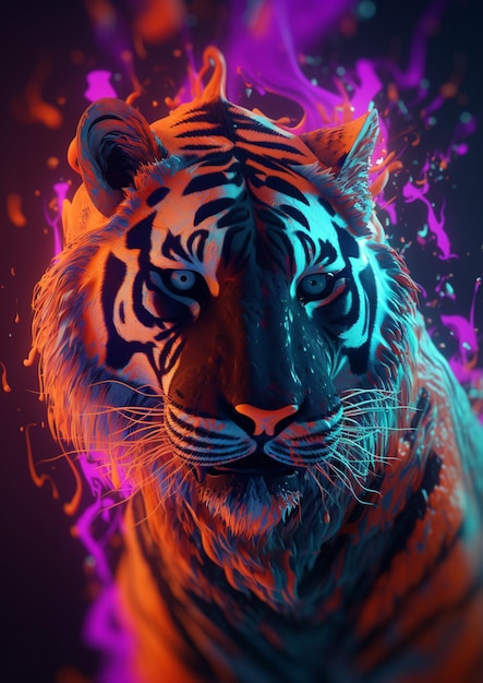 Um tigre com uma luz azul e laranja em seu rosto