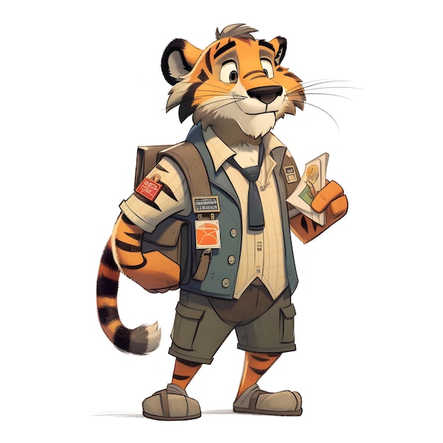 Um tigre com uma mochila e uma carta na mão
