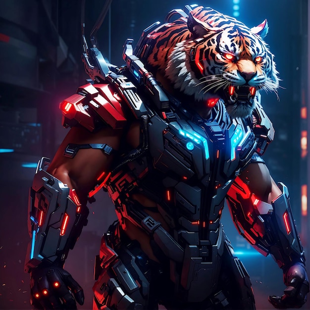 Um tigre cyberpunk fotorrealista com olhos brilhantes e dentes afiados em uma paisagem urbana de néon