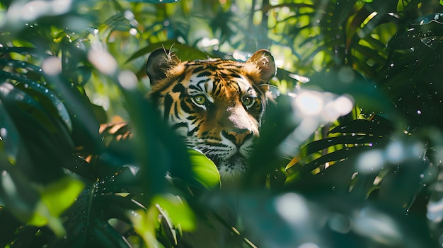 Um tigre de Bengala está olhando através da folhagem de uma árvore