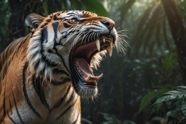 Um tigre de Bengala ruge na selva Tigre de Bengala perigoso em pose de ataque florestal