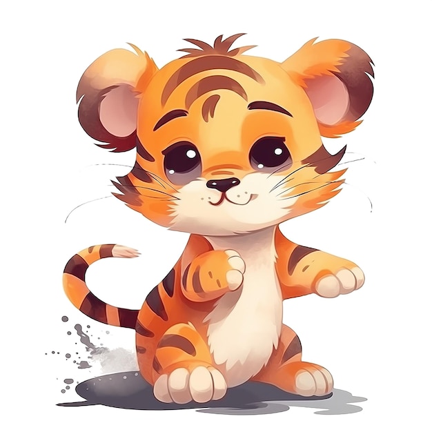 Um tigre de desenho animado que está sentado sobre um fundo branco