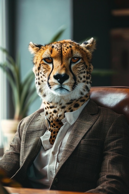 Foto um tigre de fato no escritório diretor de conceito com personagem de tigre