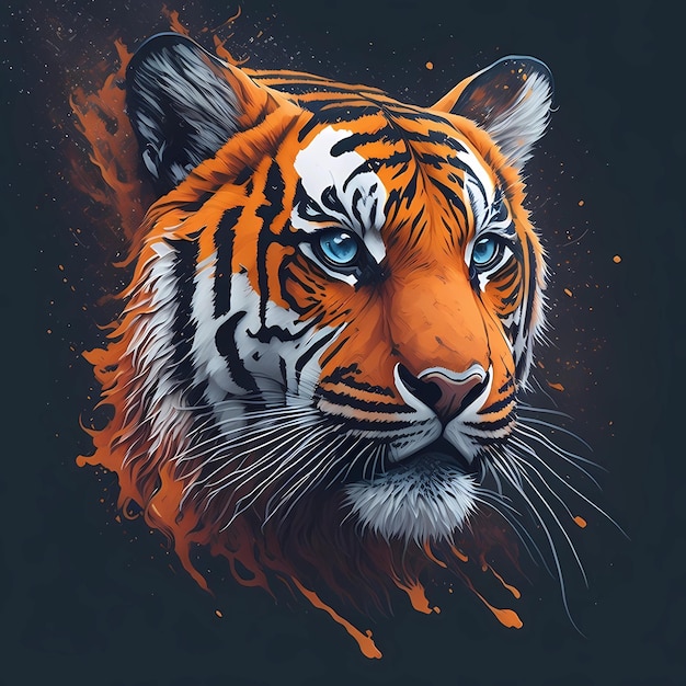 Um tigre de olhos azuis é mostrado em uma pintura.