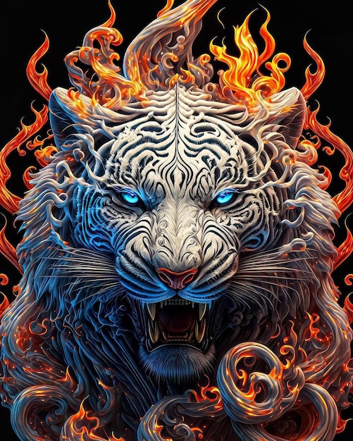 Um tigre de olhos azuis e um tigre branco com uma espiral no centro.