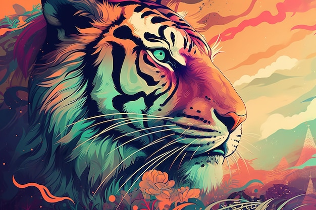 Um tigre de olhos azuis e um tigre preto e branco no fundo de um céu colorido.