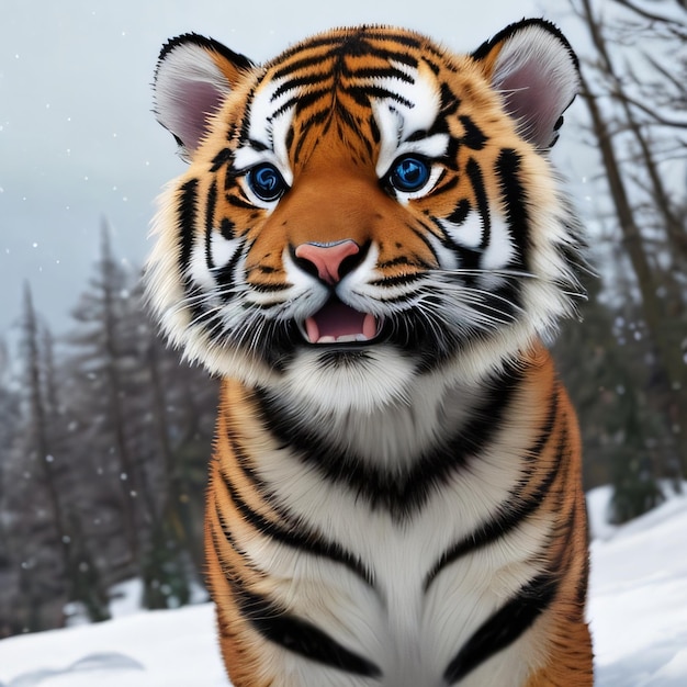 Um tigre de olhos azuis fica na neve.