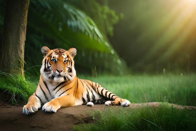 Um tigre deitado em uma pedra em uma floresta