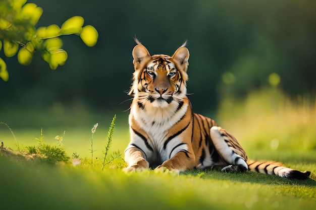 Um tigre deitado na grama ao sol