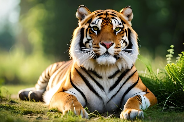 Um tigre deitado na grama