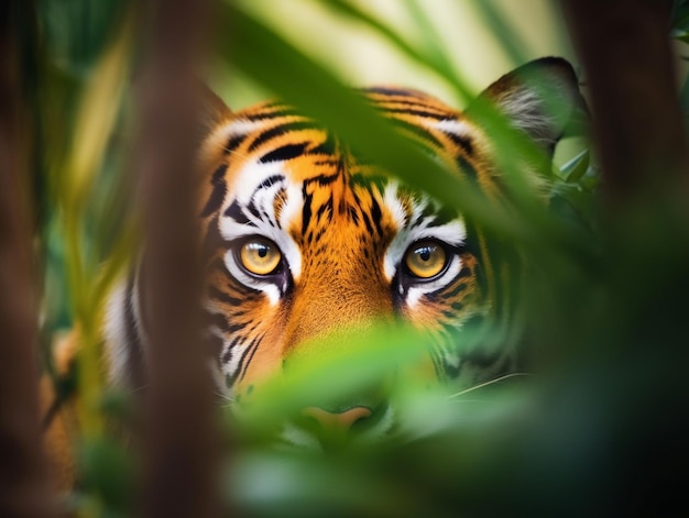 Um tigre é visível através das plantas e os olhos estão olhando para a câmera.