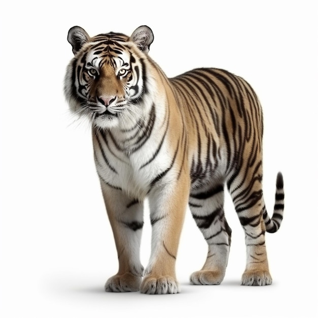 Um tigre em pé sobre um fundo branco