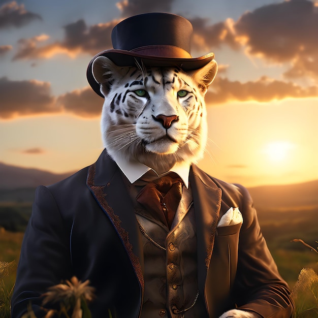 um tigre em um terno e chapéu de cima está de pé em um campo com o sol atrás dele