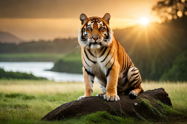 Um tigre em uma rocha em um campo