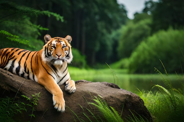 Um tigre em uma rocha na floresta