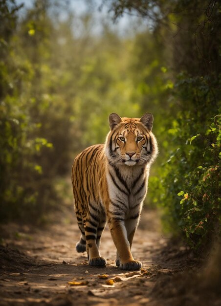 Um tigre está andando por um caminho na floresta.