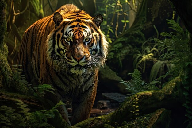 Um tigre está caçando na floresta