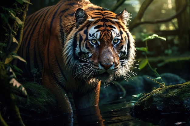 Um tigre está caçando na floresta