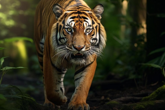 Um tigre está caminhando na floresta no outono