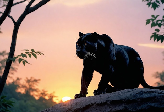Foto um tigre está de pé em uma rocha na frente de um pôr-do-sol
