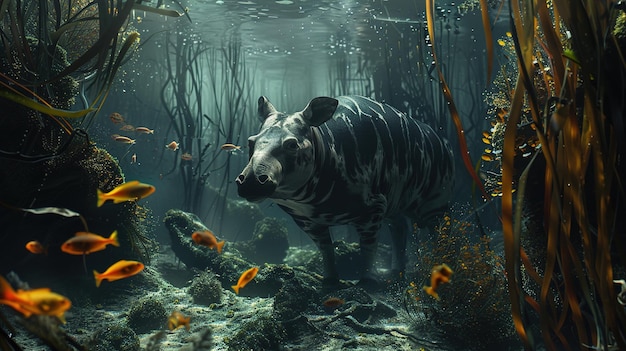 Foto um tigre está nadando na água com peixes e corais