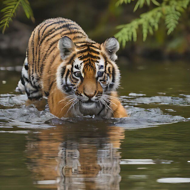 um tigre está nadando na água e está nadando