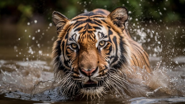 Um tigre está nadando na água.