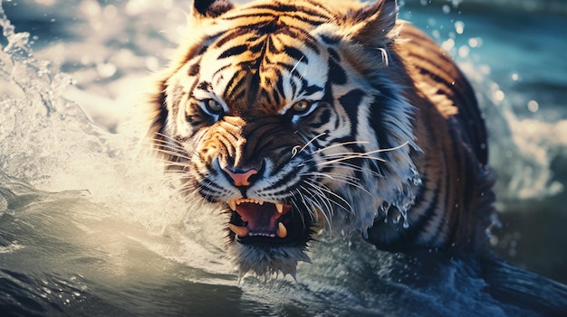 Foto um tigre está nadando no oceano com a boca aberta e os dentes expostos