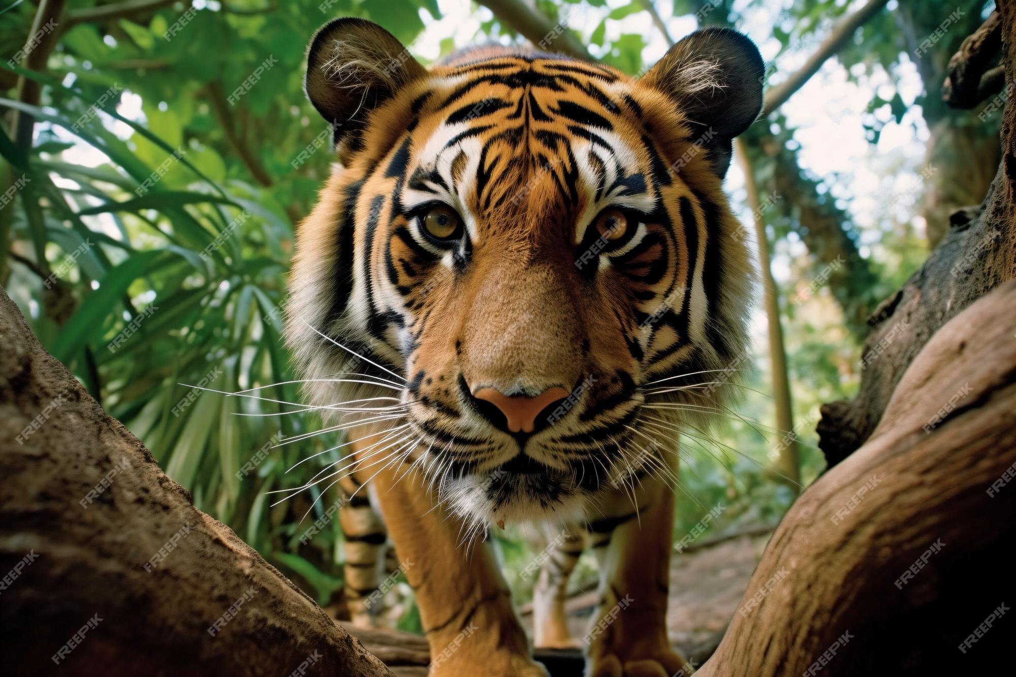 Um tigre está olhando para a câmera.