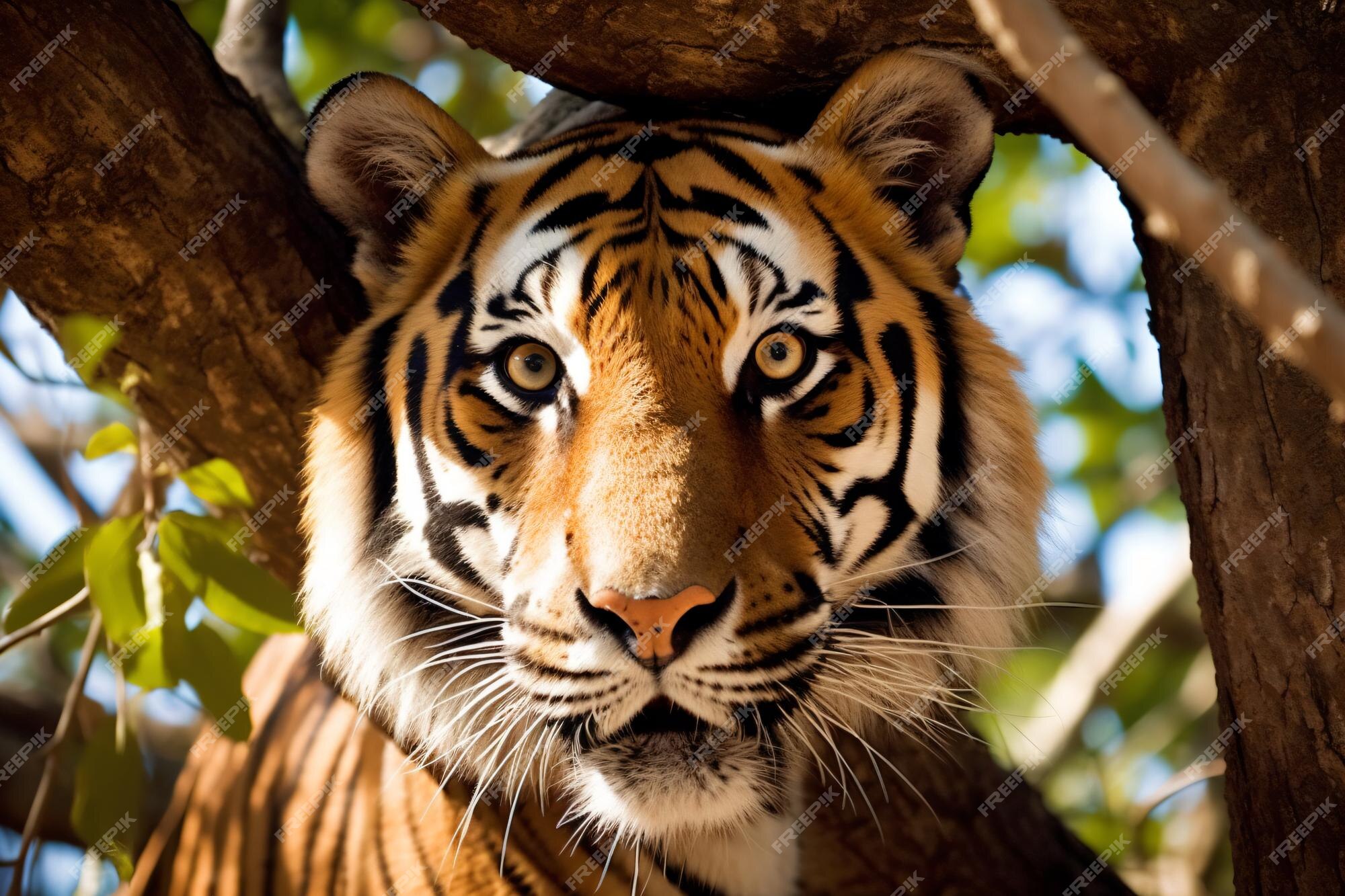 Tigre olhando para a câmera no fundo azul