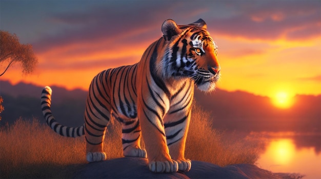 Um tigre está parado na frente de um pôr do sol