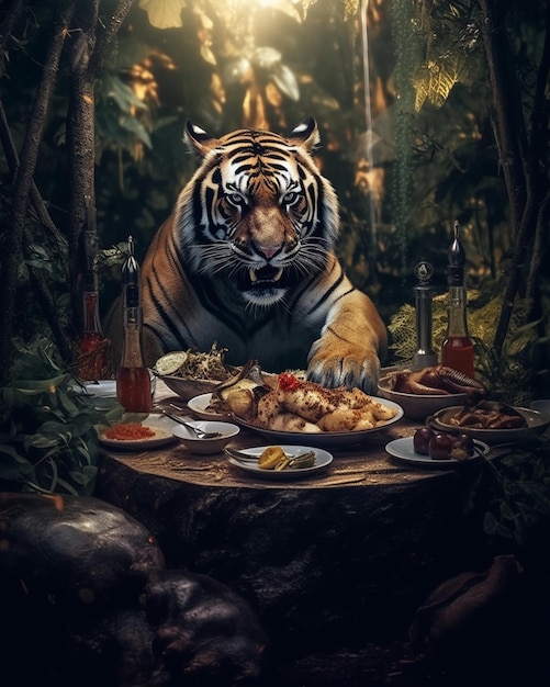 Foto um tigre está sentado em uma mesa com comida.